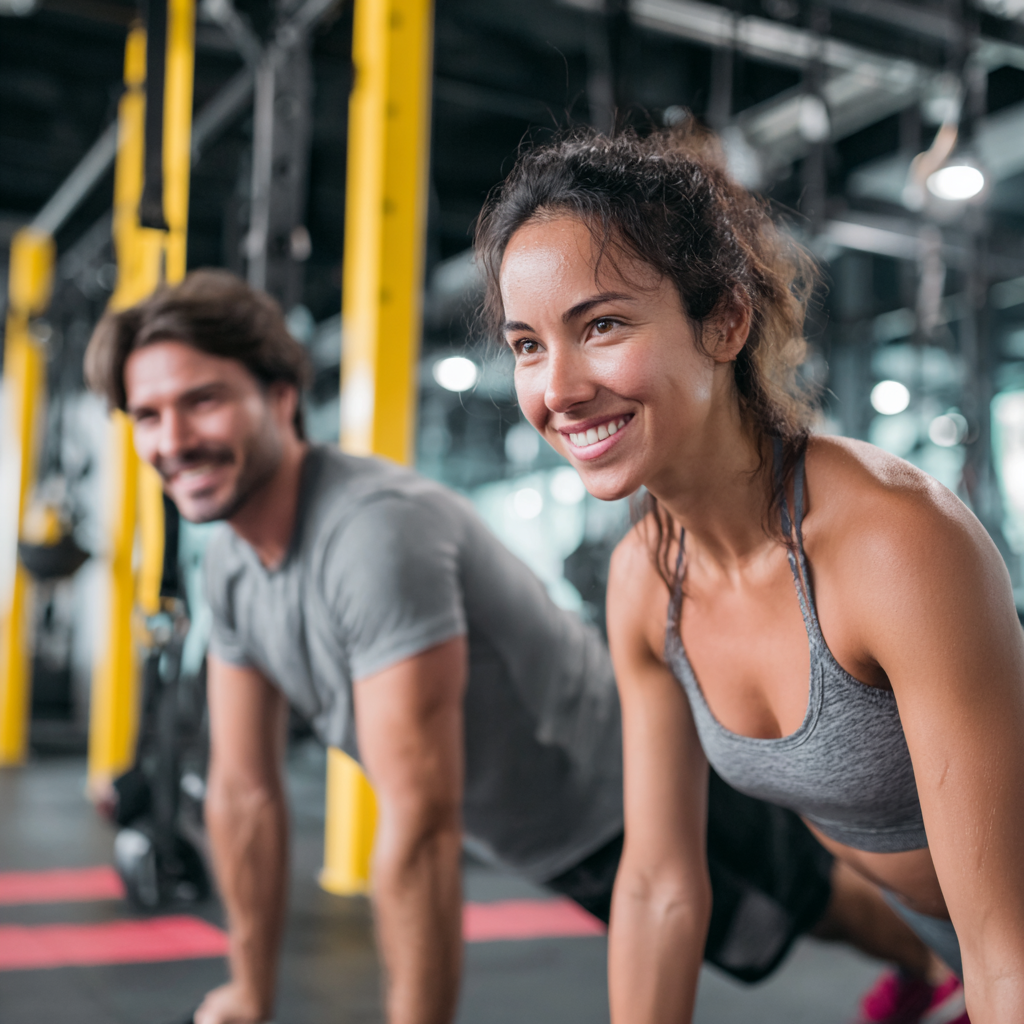 Grupo diverso de adultos colombianos sonrientes celebrando después de una sesión de entrenamiento, mostrando energía y satisfacción